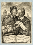 39515 Afbeelding van de elkaar omarmende paus Clemens X en professor Gijsbert Voet, geboren 1589, hoogleraar in de ...